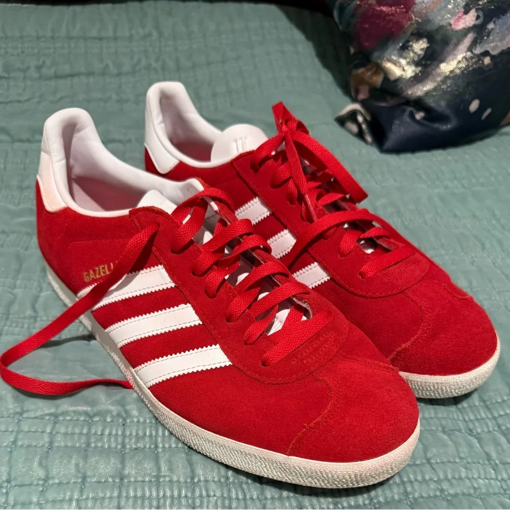 adidas Red Suede Gazelle Sneakers with White Stripes